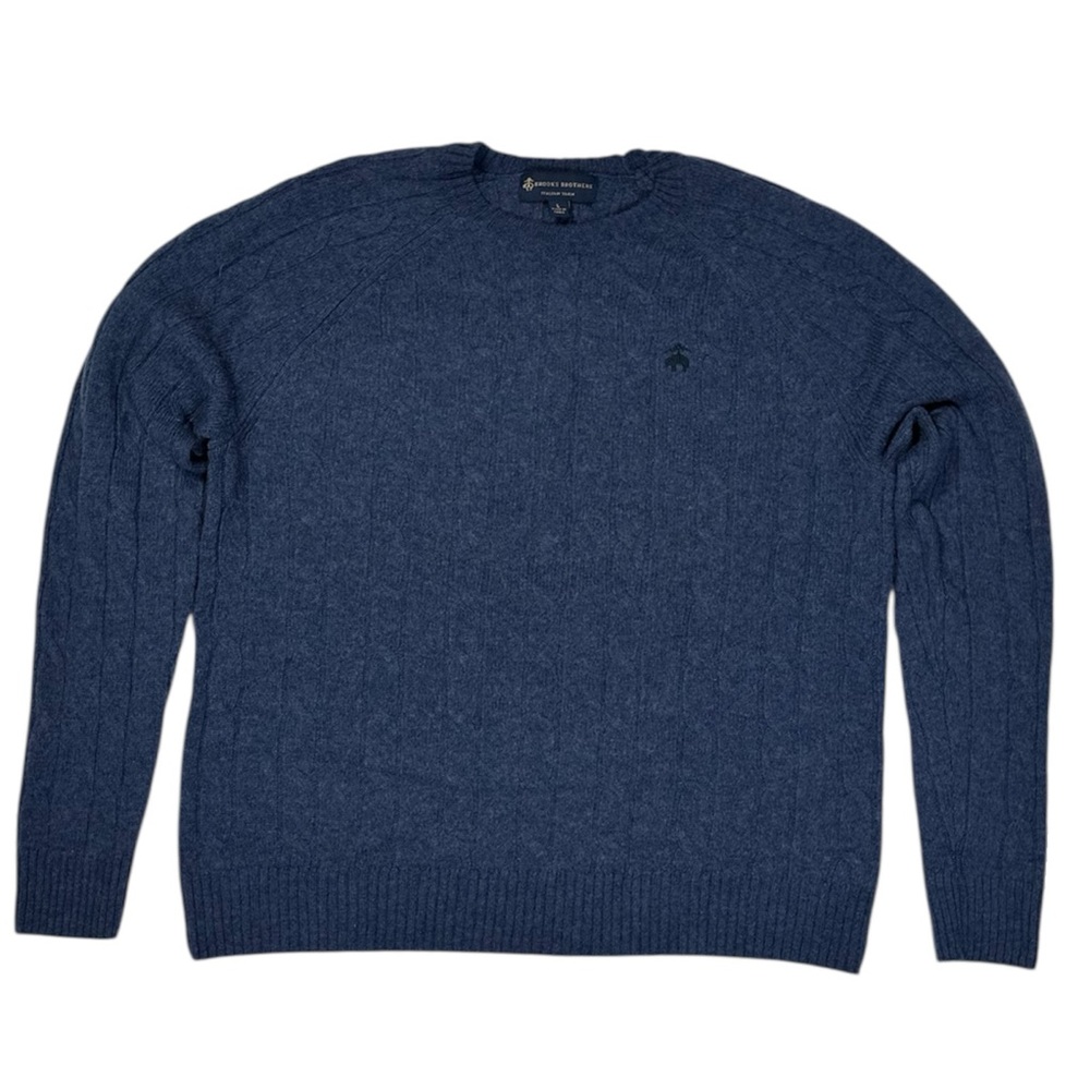 Brooks Brothers Men's L Blue Cable Knit Sweater 100% Wool Italian Yarn Crewneck
